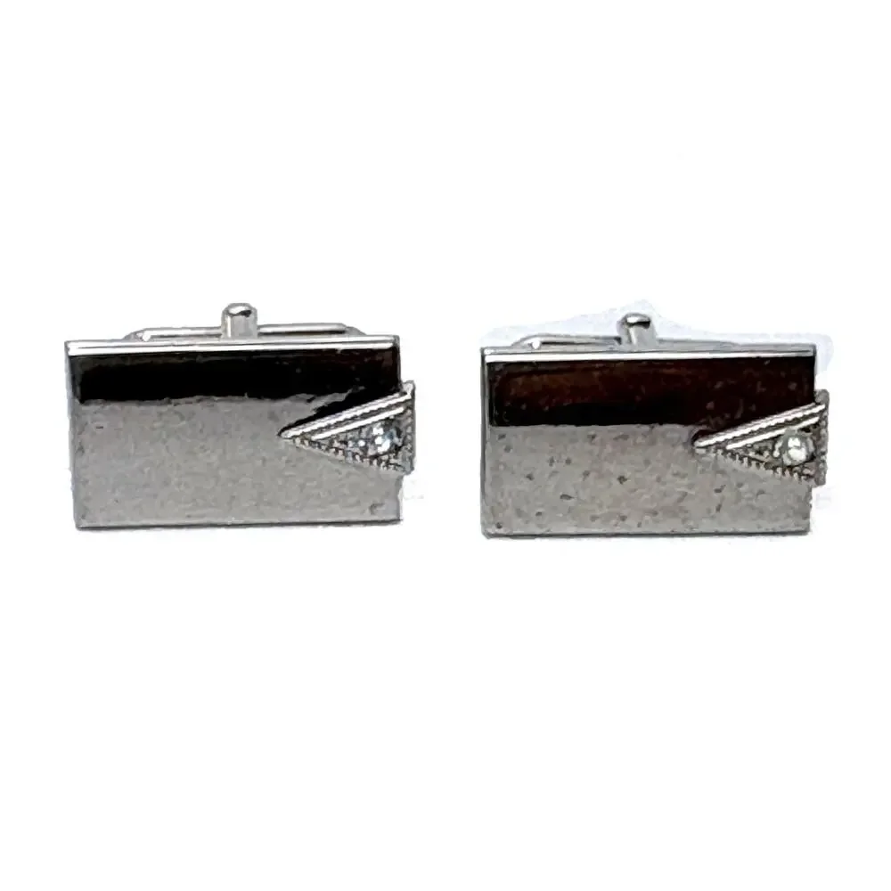 Vintage Swank Silver Toned Mid Century Cuff Links With Rhinestones